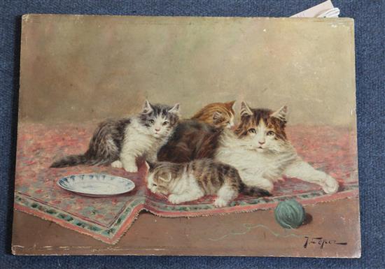 Joseph Le Roy (1812-1860) Cat and kittens on a rug 9.5 x 13in. unframed